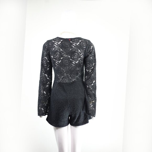 Stylish Motel Black Lace Romper V-Neck & Flare Sleeves - Picture 3 of 5